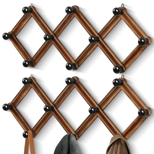 TRSPCWR 2-Pack Accordion Hat Rack for Wall - Expandable Coat Rack Wall Mount with 10 Hooks - Solid Wooden Wall Hanger for Coats, Hats, Bags & Baseball Caps - Modern Wood Expandable Hat Holder