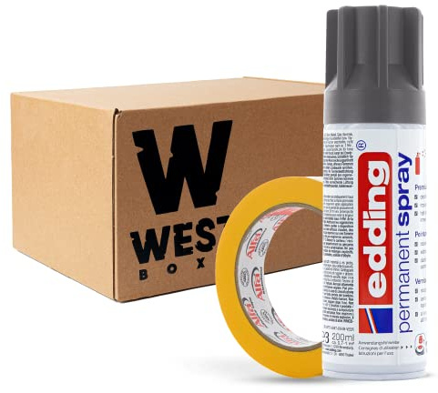 W West Boxx Premium Acryllack Spray 200 ml in Anthrazit Matt im Set mit Kreppband Gold 25mm x 50m Typ 521, für exakte Farbkanten