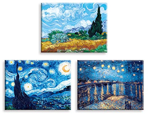 Piy Painting 3er-Set Sternennacht Kunstdrücke Auf Leinwand, Berühmte Ölgemälde Reproduktion Weizenfeld Mit Zypresse Gerahmte Wanddekor Nacht Über Der Rhone Landschaft Bilder Für Eingang Café 40x30cm