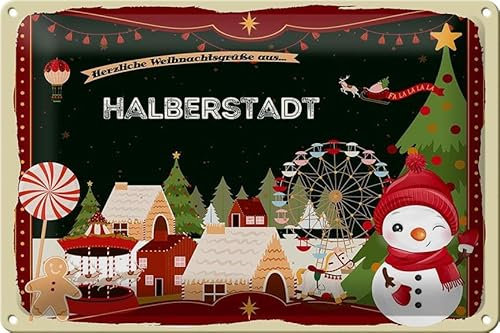 Femer Cartel de chapa de Navidad, saludos de la ciudad con texto Halberstadt, regalo decorativo, 30 x 20 cm