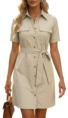 Allegra K Robe de safari d'été en coton à manches courtes avec ceinture boutonnée pour femme, beige, M