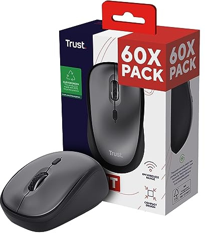 Trust Yvi+ 60 Pack - 60x Silent Wireless Mouse, Sustainable Design, For Left and Right Hand Users, Storable USB Micro Receiver, Quiet Compact Computer Mouse for PC, Laptop, Mac, Home Office - Black