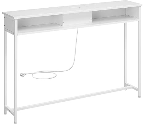 VASAGLE Mesa de Consola Delgada con Multienchufe, Mesa de sofá con 2 Compartimentos, Carga Oculta, Ahorro de Espacio, 25 x 120 x 81 cm, Entrada, Salón, Blanco Nube LNT111W01