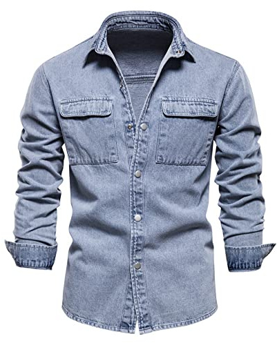 BINGFENG Jeansskjortor för män, enfärgad, dubbelficka, slim fit, casual, långärmade jeans, herrskjortor, Blå, S