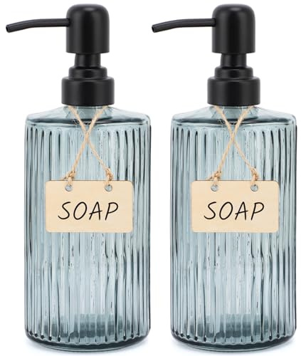 Segbeauty Seifenspender Glas, 2 Stück Pumpflasche 500ml, Duschgel Spender mit Edelstahlpumpe, Shampoo Spender Leere, Seifenspender Grau, Badezimmer Set