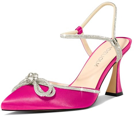 HDEUOLM Donna Spillo Alto High Tacco Heel a Punta Pumps Slingback Slip-on Fibbia Diamante Cristallo Nodo Fiocco Ballo Dress Raso 10 CM Heels Fucsia 36 EU