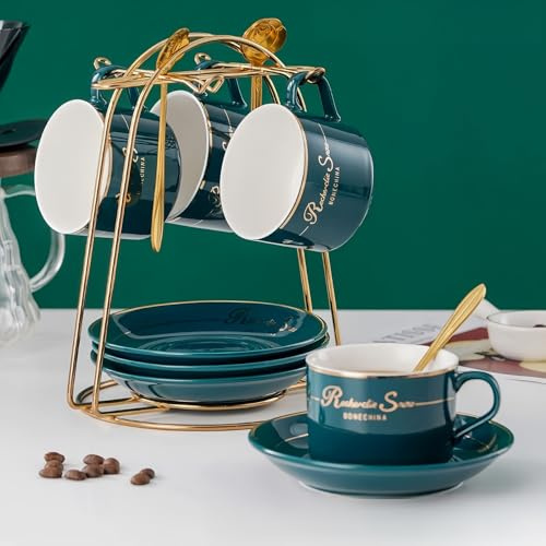 HSTWODE-Tassen & Untertassen von 4 (150 ml), Luxus-Teetasse Set mit goldenen Trimm, Kaffeetasse mit Henkel, britischer Königlicher Porzellan Tassen - Weiß, Blau, schwarz (Brillantblau)