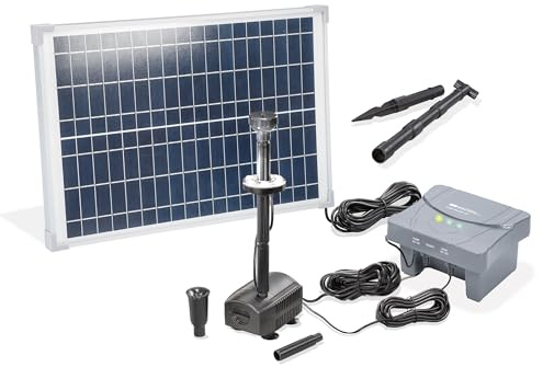 esotec Solarpumpe Solar Teichpumpe Wasserspiel Pumpe 25/700 Akku LED 101938 | Pumpe 700l/h, Förderhöhe 1,6m, Trockenlaufschutz, Durchflussregler, LED kaltweiß, Akku LiFe 6Ah, bis 10Std, 2 Fontänen, 13mm