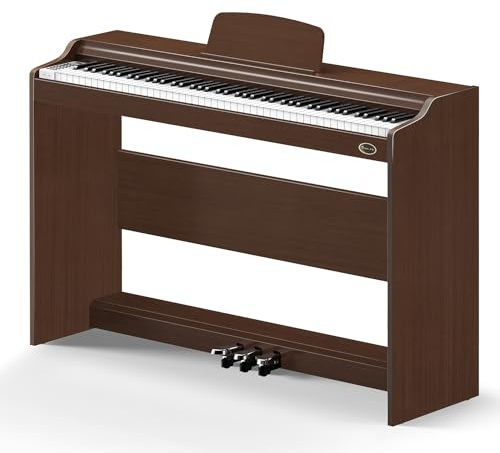Rosen P35 Beginner 88 Key Digital Piano Full Size Weighted Keyboard with Furniture Stand, Brown Portable Electric Piano, 3-Pedal Unit