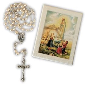OVUNQUE PROTEGGIMI Rosenkranz Madonna von Fatima. Weiße Perle. Rosenkranzhalter mit Bild der Madonna von Fatima., m, Glas, Glas