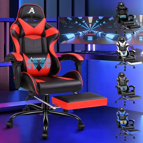 ALFORDSON Gaming Stuhl Massge Videospielstuhl, ergonomischer Bürostuhl, Schreibtischstuhl, Neigungswinkel 90°-150°, höhenverstellbarer PC-Stuhl, 180 kg Tragkraft, PU-Leder, 360° Drehstuhl, Rot