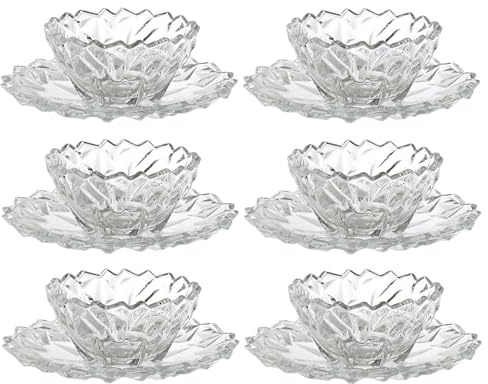 Reldor 12-Piece Crystal Clear Glass Dessert Bowl Set with Saucers, Elegant Trifle & Ice Cream Serving Bowls, Fruit Salad, Cocktail Dishes, Decorative Glassware for Desserts, Set of 6