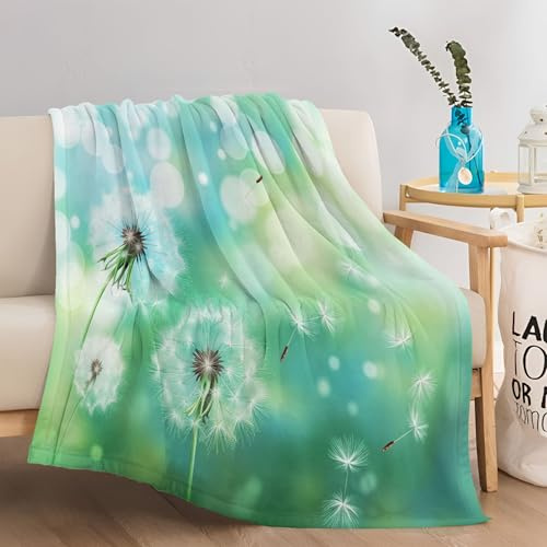 Sherpa Decke Löwenzahn Pflanzen Muster, 220 x 240 cm Weiche Warme Flanell Fleecedecke Für Kinder Mädchen Erwachsene, Hellgrün Bedruckte Kuscheldecke für Couch Bett Schlafzimmer