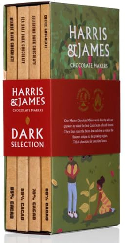 Harris & James Dark Chocolate Bar Library Pack, 4 Flavours of Intense Dark 85%, Delicious Dark 70%, Coffee 60% & Sea Salt 55% (86g Bars)