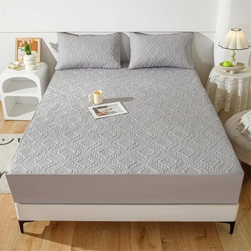 Spannbetttuch 200x220cm Hellgrau Einfarbig bis 30cm, Bettlaken Wasserdicht mit 2 Kopfkissenbezug Bettspanntuch Boxspringbett Baumwolle Polyester 3D Muster mit Gummizug