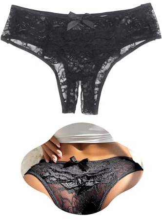 ohmydear Lace French Knickers Plus Size Crotchless Underwear for Women Sexy Panties Sheer Mesh Ladies Pants Cheeky Bikini Briefs Frilly Black Thongs Pantys Uk 16