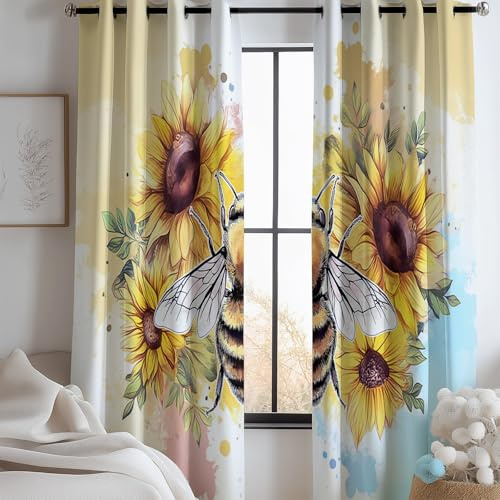 Blickdichte Vorhänge H245 X B100 cm (2Er Pack) Insekt Biene Sonnenblume Bunt – Sonnenschutzend & Wärmeisolierend, Für Kinderzimmer & Wohnzimmer – Waschmaschinengeeignet Vorhang