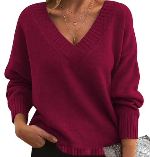 Jersey Cuello V Mujer Jerséis Mujer Pullover Sweater Women Sueter Punto Mujer Manga Larga Invierno Primavera Jerseys Mujeres Jersey de Cuello Pico Oversize Punto Ancho Señora Suéter Tejido para Mujer