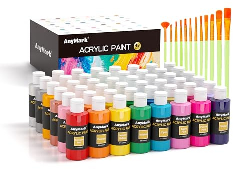 AnyMark Vernice Acrilica Classica, Set di 48 Colori Brillanti (60 ml, 2 oz), Colori Acrilici per Adulti e Artisti, Vernice Multi-Superficie per Tessuto, Tela, Artigianato e Vetro
