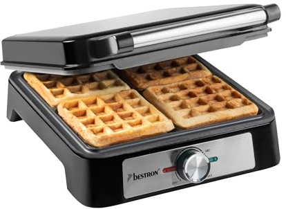 Bestron Gaufrier pour gaufres belges, pour 4 gaufres, dimensions : 10 x 10 cm, épaisseur : 1,5 cm, thermostat en continu et témoin lumineux, convient pour les familles ou Pâques, couleur : argenté