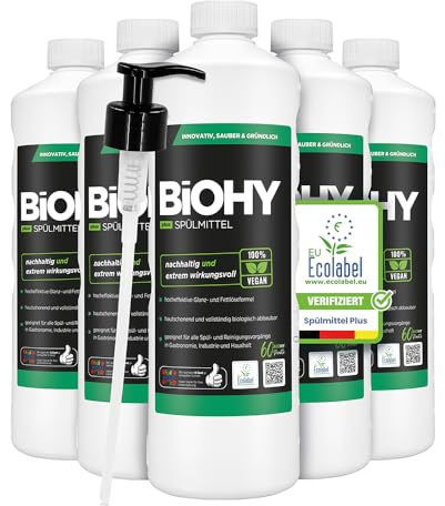 BiOHY Diskmedel Plus (6 x 1 liter) pumpdispenser | Ekologiskt flytande koncentrat för porslin med EU-miljömärke | Extra kraftfull fettlösare | Perfekt för diskmedelsdispenser | Miljövänlig och