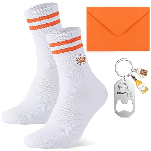 Utensilsto Set Cadeau pour les Amateurs de Bière 1 Paire de Chaussettes de Tennis Brodées 1 Ouvre-Bouteille Porte-Clés 1 Étui Cadeau Orange pour Homme Femme, Chaussettes de Bière Intéressantes