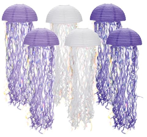 QUARKZMAN 6 Pack Faroles De Papel De Medusa Colgantes Decoraciones Coloridas Para Fiestas De Cumpleaños Con Tema De Océano Bajo El Mar, Morado Oscuro, Morado, Blanco