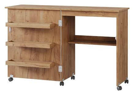 Vicco Nähtisch Carmen, Eiche, 118 x 77.5 cm | mit 3 Regalfächer, klappbar auf Rollen zur flexiblen Nutzung als Arbeitstisch
