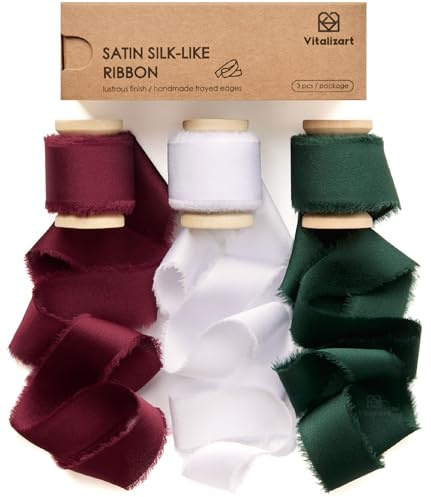 Vitalizart Nastro di Raso con Frange Bordeaux & Crema & Verde Scuro 2,5 cm x 13,7 m, Nastro in Tessuto Fatto a Mano per Confezioni Regalo, Bouquet da Sposa, Decorazioni per Feste