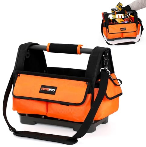 WISEPRO Offene Werkzeugtasche,Stabiler Metall-Handgriff & Schultergurt – 39,5×32,5×23cm 1680D Polyester –Wasserdichter, verstärkter Boden –viel Stauraum Mit verstellbarem Schultergurt