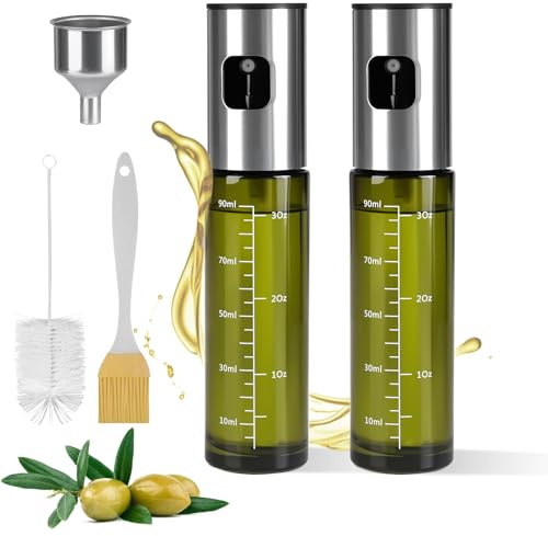 Byitin 2PCS Spray Huile Cuisine 100ml, Vaporisateur d'huile d'olive en Verre Vert avec Protection UV, Pulverisateur Huile Cuisine pour Air Fryer, Cooking, avec Grand Entonnoir