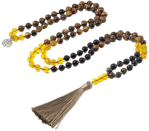 Generisch 108 Mala-Perlen-Knotenkette für Männer und Frauen,Natürlicher Tigerauge-Stein und Citrin-Armband,Lange Halskette Mit Quaste,Gebet,Spirituelle Meditation,Schmuck,Geschenke