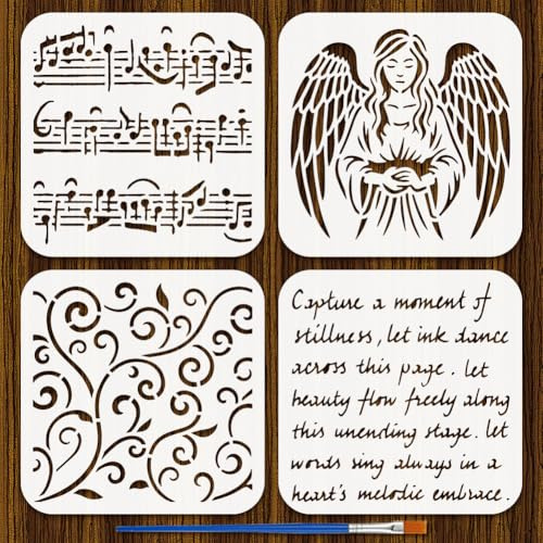 FINGERINSPIRE 4 Stück Musiknoten Schablonen Mit Pinsel 15x15cm Notenschablone Quadratische Engel Schablone Kunststoff Reben Vorlage Gedicht Muster Vorlage Bastelschablonen Zum Malen Auf Wand Möbeln