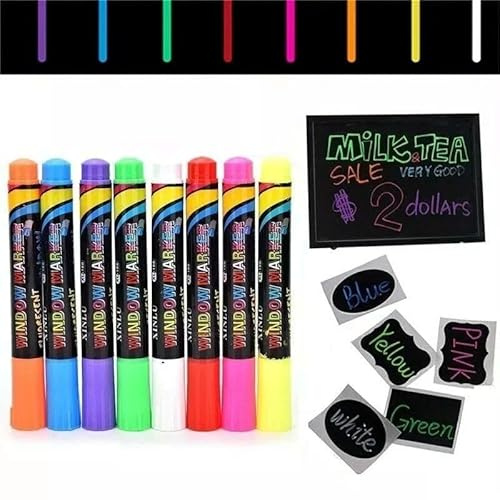 Liquid Chalk Pens for Glass & Window - Reversible Tip - Erasable Chalk Markers for Signs, Mirrors, Blackboard, Bistro - 8 Neon Colours,