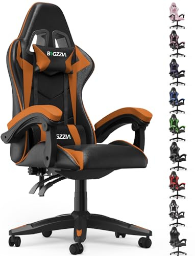 bigzzia Silla Gaming,Silla Ergonómica de Oficina en Cuero PU,Regulable en Altura con Soporte Lumbar y Reposacabezas,Respaldo Reclinable 155°,Silla Gamer Adulto Niño(Naranja)