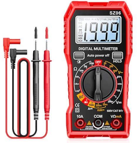 Multímetro digital, voltímetro, 600 V, voltímetro, amperímetro, medidor de corriente con soporte plegable y cables de prueba para voltaje CA/CC, corriente CC, continuidad, resistencia, diodo