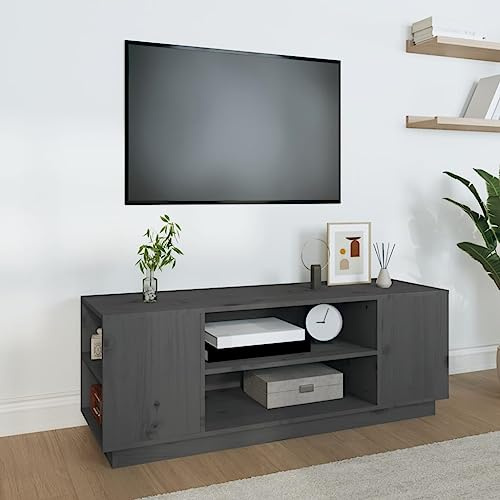 YNGBHFNOP Meuble TV Gris Moderne 110 cm en Pin Massif, Meuble Bas Télévision avec 2 Portes et 2 Tiroirs, Rangement Salon pour TV LED LCD jusqu'à 55 Pouces, Design Scandinave Élégant et Pratique
