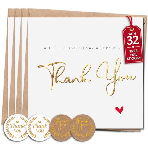 SIMPLY GIFTED Thank You Cards Pack of 32 with Envelopes & Foil Thank You Stickers – Premium Gold Foil Finish Thankyou Cards - Premium Thick 12x12cm Greeting Cards for Teachers Kids
