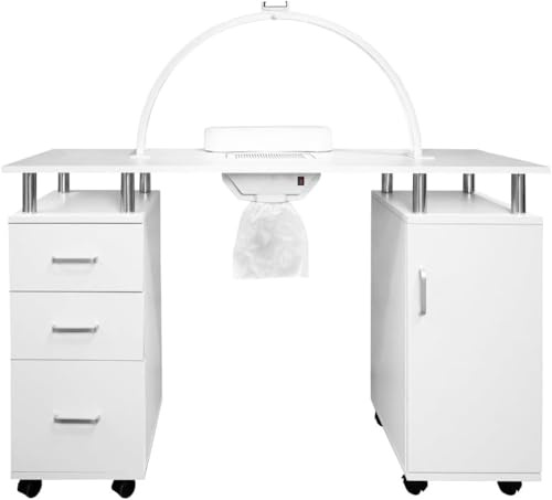 Tavolo professionale per manicure e lampada a mezzaluna a LED 75cm Raccolta dalla polvere Cassetti estraibili 1 Armadietto 2 Ripiani 3 Colori Luce di temperatura dimmerabile Supporto per telefono
