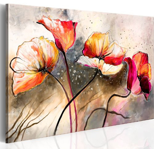 B&D XXL - Tableau décoratif moderne 120x80 cm - Impression sur toile colorée - Décoration murale pour salon et chambre - Beige rouge marron - Artistique fleurs coquelicots nature plantes 0107-13