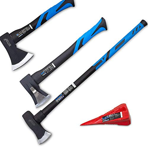 BITUXX Spaltaxt Spaltbeil Axt Beil Spalthammer Spaltkeil Fiberglas Forst Set - Die Perfekten Werkzeuge für Garten und Wald (Granate + Beil 600g + Spaltaxt 1000g + Spalthammer)