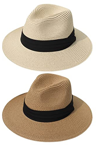 DRESHOW Women Straw Panama Hat Travel Fedora Beach Sun Hat Summer Wide Brim Straw Roll up Hat UPF 50+