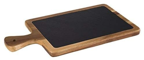 APS plateau de service, 2-pcs, 34 x 18 cm, planche en bois rustique, planche à découper en bois d'acacia, planche en bois avec dessus en ardoise naturelle