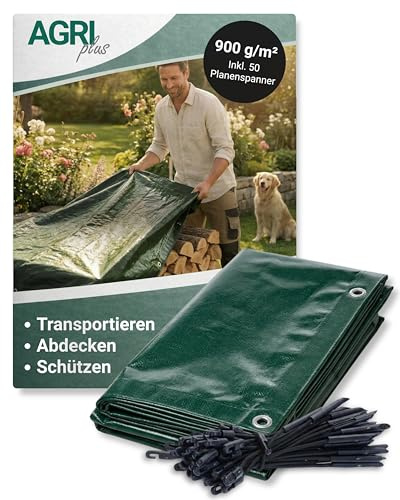 AGRI Plus Holzabdeckplane 900 g/m² I 1,5 x 10 m I Mit 50 Planenspannern I wasserdichte & UV-beständige Heavy-Duty-PVC-Plane I Reißfeste Gewebeplane mit Ösen I Ideal für Brennholz, Garten & BAU