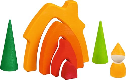 goki 58427 - Zwergenhaus - goki Evolution - aus hochwertigem Ahornholz - 7 Teile - Bunte Farben auf Wasserbasis - Made in Europa