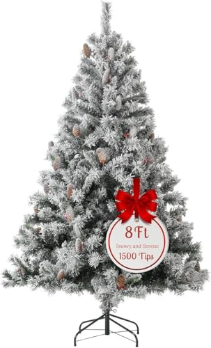 EVRE White Snow Flocked Artificial Christmas Tree Xmas Pine Red Berries Metal Stand Fir Spruce Green Hinged Branches Realistic Easy Assembly Indoor Holiday Decorations (8ft)