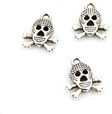 Perlin 20Stk. Schädel Totenkopf Anhänger Perlen 14mm Skull Silberfarbe Metallperlen für Halskette Charm Armbänder Basteln Machen