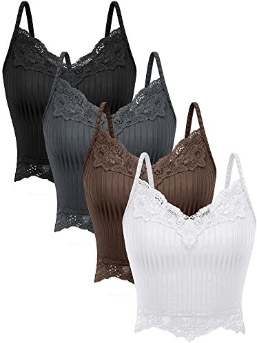Bencailor 4 Stück Y2k Spitze Camisole Tank Tops Feen Grunge Gerippte Gestrickte Spitze Cami Crop Tops (Schwarz, Weiß, Haut, Grau, S)