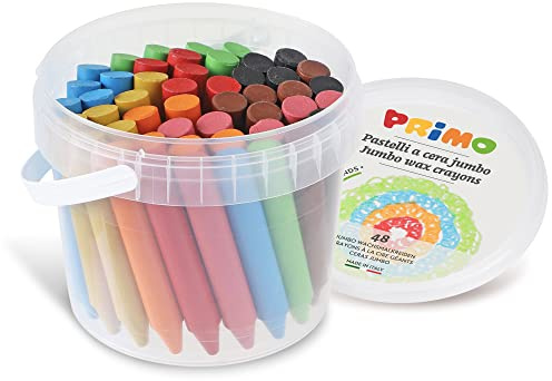 PRIMO - Pastelli a Cera Jumbo Colorati in Secchiello da 48 Pezzi con 8 Colori per Bambini +3 Anni, Pastello dal Colore Intenso per Cartoleria e Lavoretti Creativi per Bambini, non Sporca le Mani