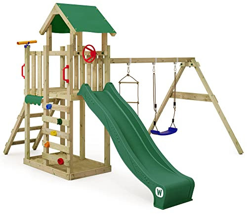 Wickey Spielturm Klettergerüst MultiFlyer Light, Schaukel & grüner Rutsche, Outdoor Kinder Kletterturm mit Sandkasten, Leiter & Spiel-Zubehör für den Garten